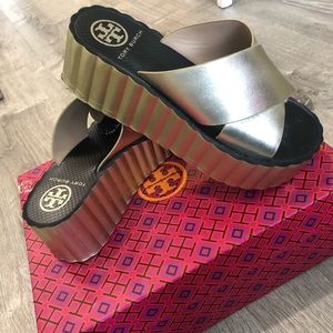 Tory Burch gold platform scalloped slides